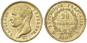 FRANCIA. Napoleone I, Imperatore (1804-1815). 20 Franchi 1807 A. AU (g 6,42). Gad. 1023a.
BB+/qSPL