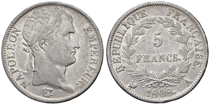 FRANCIA. Napoleone I (1804-1815). 5 Franchi 1808 A (Parigi). AG (g 24,91). Gad.5...