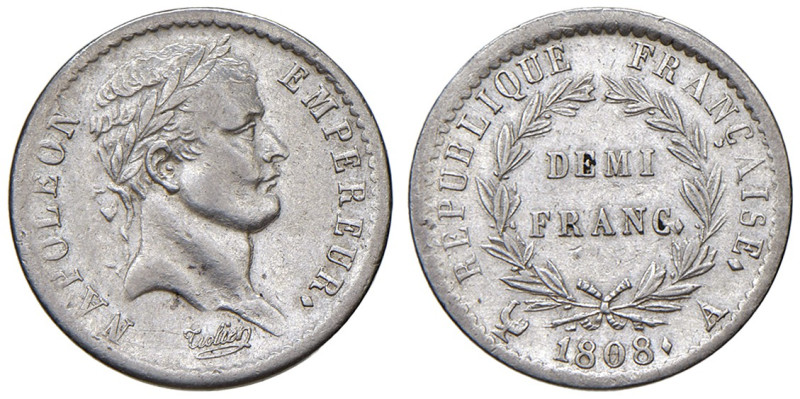 FRANCIA. Napoleone I, Imperatore (1804-1815). 1/2 franco (Demi) 1808 A (Parigi)....