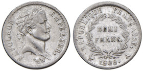 FRANCIA. Napoleone I, Imperatore (1804-1815). 1/2 franco (Demi) 1808 A (Parigi). AG (g 2,54). Gad. 398.
qSPL/SPL