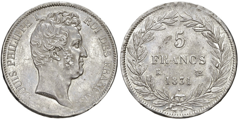 FRANCIA. Luigi Filippo I (1830-1848). 5 Franchi 1831 K (Bordeaux). AG (g 24,92)....