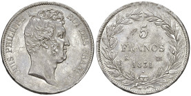 FRANCIA. Luigi Filippo I (1830-1848). 5 Franchi 1831 K (Bordeaux). AG (g 24,92). Gad. 676. Imperfezioni al bordo.
SPL