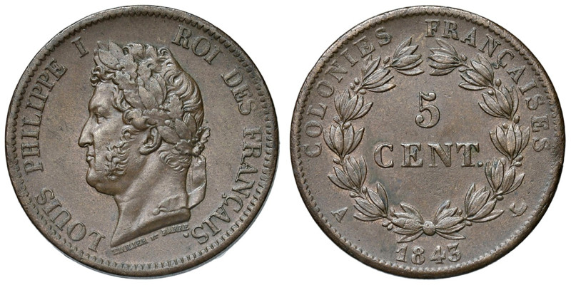 FRANCIA. Colonie Francesi. Luigi Filippo I (1830-1848). 5 Centimes 1843 A (Parig...