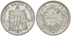 FRANCIA. II Repubblica (1848-1849). 5 franchi 1848 BB (Strasburgo) Hercule. AG (g 24,84). KM 756.
BB+