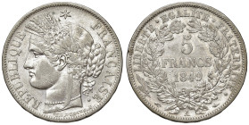 FRANCIA. II Repubblica (1848-1849). 5 franchi 1849 A (Parigi). AG (g 24,76). Gad. 719. Segni al bordo.
BB