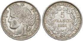 FRANCIA. II Repubblica (1848-1852). 5 Franchi 1851 A. (g 24,96). KM 761.1; Gad. 719. Colpetti al bordo.
BB