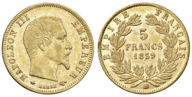 FRANCIA. Napoleone III (1852-1870). 5 Franchi 1859 BB (Strasburgo). AU (g 1,60). Gad.1002. Segno al bordo del R/.
SPL/qFDC