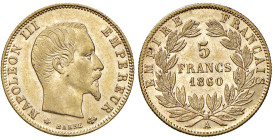 FRANCIA. Napoleone III (1852-1870). 5 Franchi 1860 A (Parigi). AU (g 1,61). Gad.1002.
qFDC