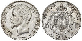 FRANCIA. Napoleone III (1852-1870). 5 Franchi 1855 BB (Strasburgo). AG (g 24,95). Gad.735. Pulito
BB+