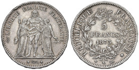 FRANCIA. III Repubblica (1871-1940). 5 Franchi 1873 K (Bordoaux). AG (g 24,98). Gad. 745a; KM 820.2. Colpi al bordo.
BB