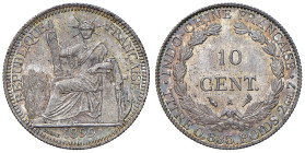 INDOCINA FRANCESE. III Repubblica (1870-1940). 10 Centesimi 1899. AG (g 2,71). KM 19.9. Conservazione eccezionale e bellissima patina iridescente su f...