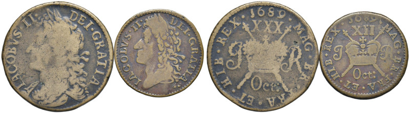 IRLANDA. James II (1685-1691). Lotto 2 monete "Gunmoney": 30 pence o Half Crown ...