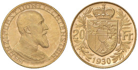 LIECHTENSTEIN. Francesco I (1929-1938). 20 Franchi 1930. AU. Varesi 561. RR Lieve colpetto al bordo a ore 1 del D/.
FDC