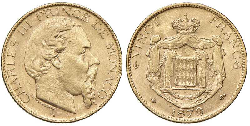 MONACO. Carlo III (1856-1889). 20 Franchi 1879. AU (g 6,45). Varesi 578.
SPL