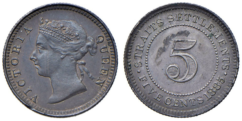 STRAITS SETTLEMENTS. Vittoria (1837-1901). 5 Centesimi 1885. AG (g 1,35). KM 10....