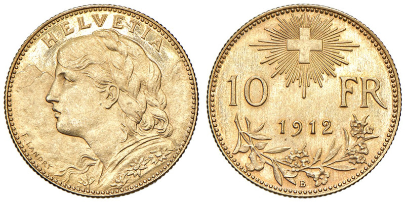 SVIZZERA. Confederazione. 10 Franchi 1912 B. AU g (3,22). KM 36.
qFDC