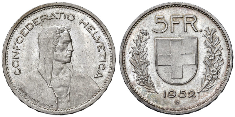 SVIZZERA. Confederazione Elvetica (dal 1848). 5 Franchi 1952. AG (g 15,00). KM 4...