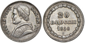 BOLOGNA. Pio IX (1846-1870). 20 Baiocchi 1858 an. XII. AG (g 5,73). Gig. 91. 
BB+