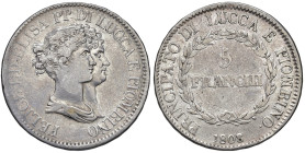 LUCCA. Elisa Bonaparte e Felice Baciocchi (1805-1814). 5 Franchi 1808. AG (g 24,59). Gig. 5. R
qBB/BB