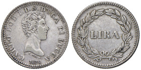 LUCCA. Carlo Ludovico di Borbone (1824-1847). 1 Lira 1838. AG (g 4,52). Gig.4. R
qBB