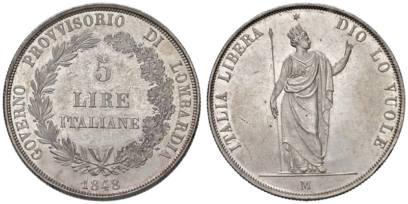 MILANO. Governo Provvisorio (1848). 5 Lire 1848. AG (g 25,03). Gig.3. Lieve colp...