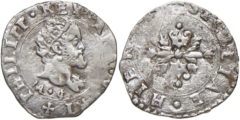 NAPOLI. Filippo II di Spagna (1554-1598). 1/2 Carlino. AG (g 1,05). Magliocca 85...