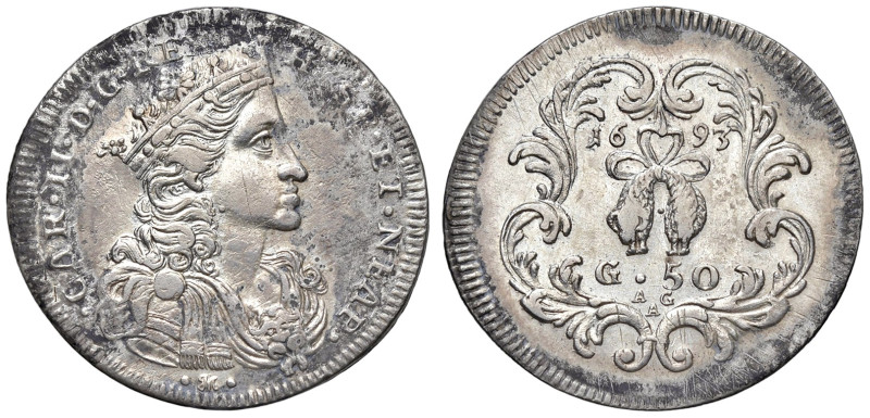 NAPOLI. Carlo II di Spagna (1674-1700). 50 Grana 1693. AG (g 10,62). Magliocca 1...