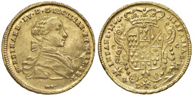 NAPOLI. Ferdinando IV di Borbone (1759-1816). 6 Ducati 1766. AU (g 8,80). Magliocca 194; Gig. 9. Lievi graffi da conio al dritto, ma esempalre di note...