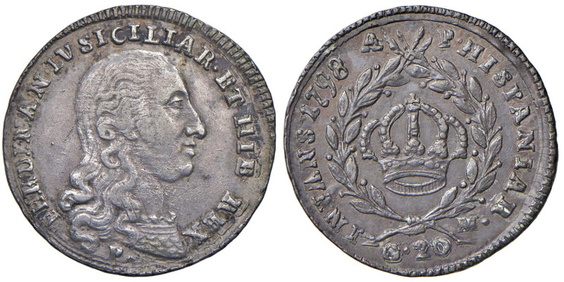 NAPOLI. Ferdinando IV di Borbone (1759-1816). 20 Grana 1798. AG (g 4,57). Maglio...