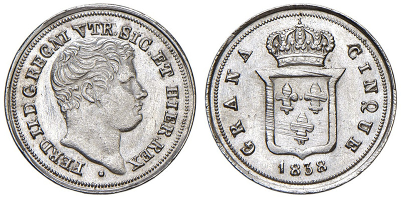 NAPOLI. Ferdinando II di Borbone (1830-1859). 5 Grana 1838. AG (g 1,15). Maglioc...