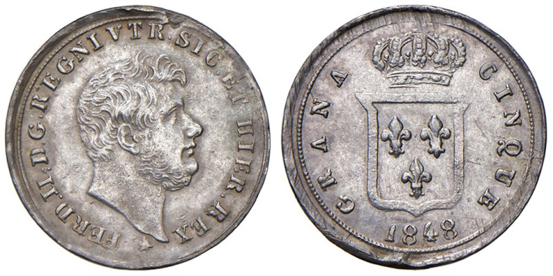 NAPOLI. Ferdinando II di Borbone (1830-1859). 5 Grana 1848. AG (g 1,12). Maglioc...