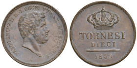 NAPOLI. Ferdinando II di Borbone (1830-1859). 10 Tornesi 1839. CU (g 30,50). Magliocca 674; Gig.190. Segni nel campo al D/.
SPL+