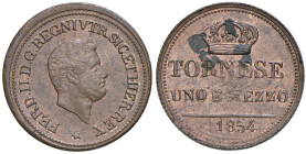 NAPOLI. Ferdinando II di Borbone (1830-1859). 1 e 1/2 Tornesi 1854. CU (g 4,89). Magliocca 764; Gig.278. Macchie al R/. Rame rosso. 
qFDC/FDC
