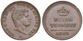NAPOLI. Ferdinando II di Borbone (1830-1859). 1/2 Tornese 1845. CU (g 1,49). Magliocca 794; Gig.311a. NC Cifra 4 della data su 3.
BB+