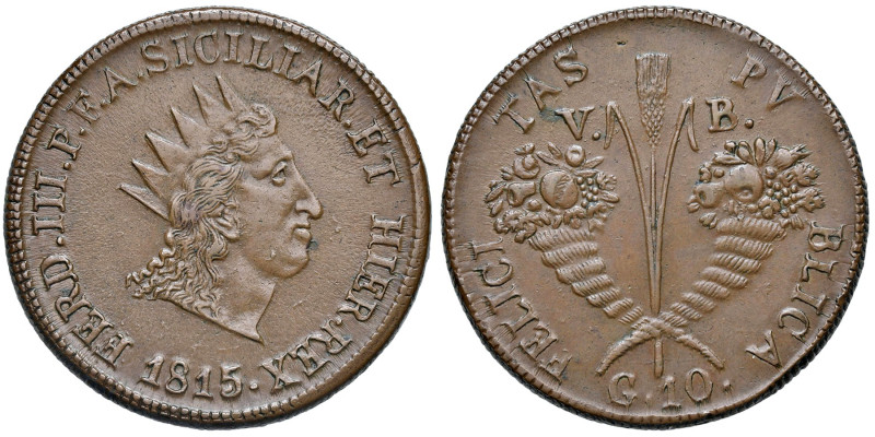 PALERMO. Ferdinando III di Borbone (1759-1816). 10 Grani 1815. CU (g 30,75). Gig...