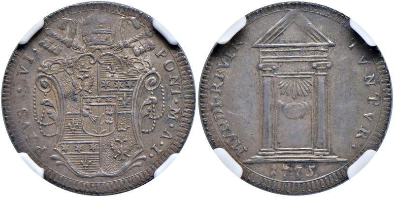 ROMA. Pio VI (1775-1799). Giulio 1775 an I. AG. Munt. 49. RR In slab NGC MS61.
...