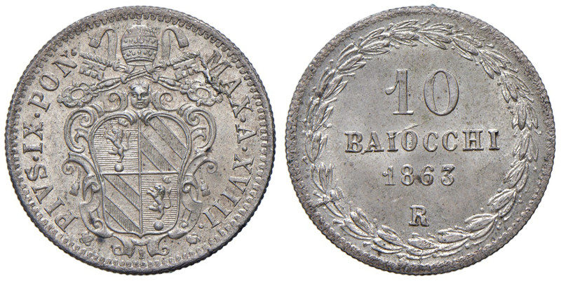ROMA. Pio IX (1846-1870). 10 Baiocchi 1863 an. XVIII. AG (g 2,84). Gig. 135. Con...