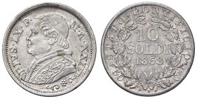 ROMA. Pio IX (1846-1870). 10 Soldi 1868 an. XXIII. AG (g 2,50). Gig. 308a. RR Bordo largo e R piccola.
SPL/FDC