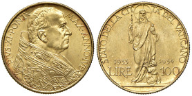 ROMA. PIO XI (1929-1938). 100 Lire 1933-34 an. IVB. AU (g 8,80). Gig.5.
qFDC
