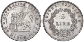 VENEZIA. Governo Provvisorio (1848-1849). 5 Lire 1848. AG (g 24,97). Gig.2. NC Bell'esemplare.
qFDC/FDC
