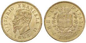 REGNO D'ITALIA. Vittorio Emanuele II (1861-1878). 10 Lire 1863 Torino. AU. Gig.27a. 
SPL+