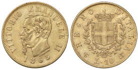 REGNO D'ITALIA. Vittorio Emanuele II (1861-1878). 10 Lire 1865 Torino. AU. Gig.28. RR 
qBB