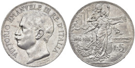 REGNO D'ITALIA. Vittorio Emanuele III (1900-1943). 5 Lire 1911 Cinquantenario. AG. Gig. 71. R Segnetto al bordo a ore 8 del D/.
SPL/SPL+