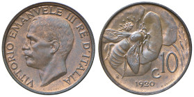 REGNO D'ITALIA. Vittorio Emanuele III (1900-1943). 10 Centesimi 1920. CU. Gig. 229. FDC rame rosso, colpetto.
FDC