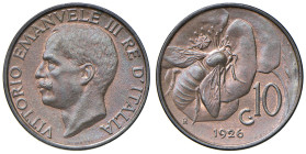 REGNO D'ITALIA. Vittorio Emanuele III (1900-1943). 10 Centesimi 1926. CU. Gig. 235. Periato Marco Esposito FDC rame rosso.
FDC