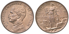 REGNO D'ITALIA. Vittorio Emanuele III (1900-1943). 5 centesimi 1908. CU. Gig. 257. R. Conservazione eccezionale con rame rosso. Periziata Marco Esposi...