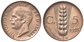 REGNO D'ITALIA. Vittorio Emanuele III (1900-1943). 5 Centesimi 1925. CU. Gig. 271. Rame rosso. Periziato Marco Esposito FDC rame rosso.
FDC
