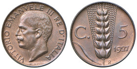 REGNO D'ITALIA. Vittorio Emanuele III (1900-1943). 5 Centesimi 1927. CU. Gig. 273. Rame rosso. Periziato Marco Esposito FDC rame rosso.
FDC