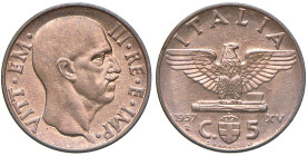 REGNO D'ITALIA. Vittorio Emanuele III (1900-1943). 5 Centesimi 1937. CU. Gig. 285. Rame rosso. Periziato Marco Esposito FDC rame rosso.
FDC