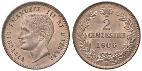 REGNO D'ITALIA. Vittorio Emanuele III (1900-1943). 2 Centesimi 1906. CU. Gig. 295. Conservazione eccezionale con rame rosso. Periziato Marco Esposito ...